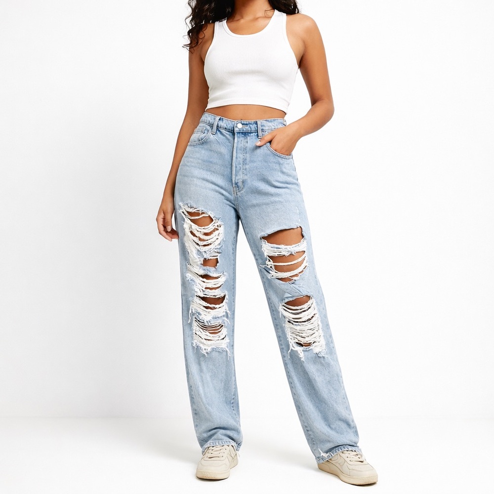 Fashion Nova High Rise Distressed Straight Leg Jeans Size 13
